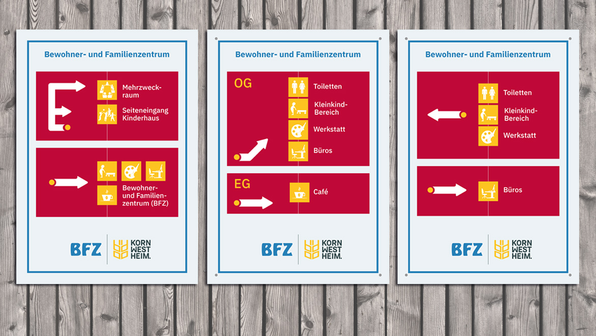Orientierungsschilder am und im Bewohner- und Familienzentrum Kornwestheim