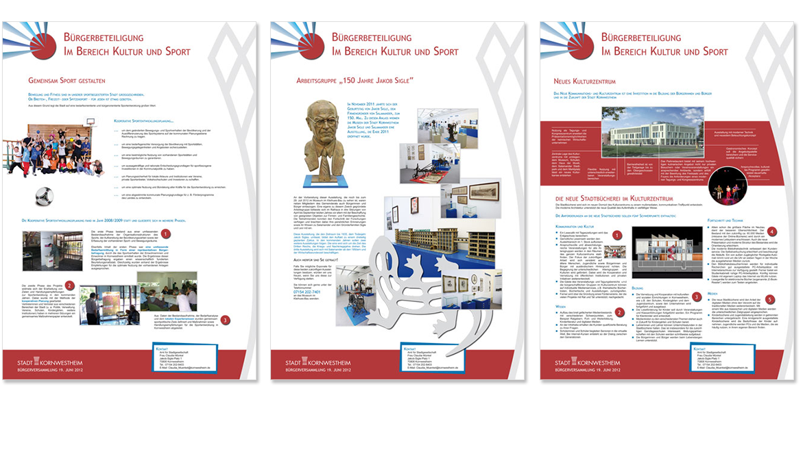 Drei große Plakate zum Thema Bürgerbeteiligung bei Kultur und Sport.
