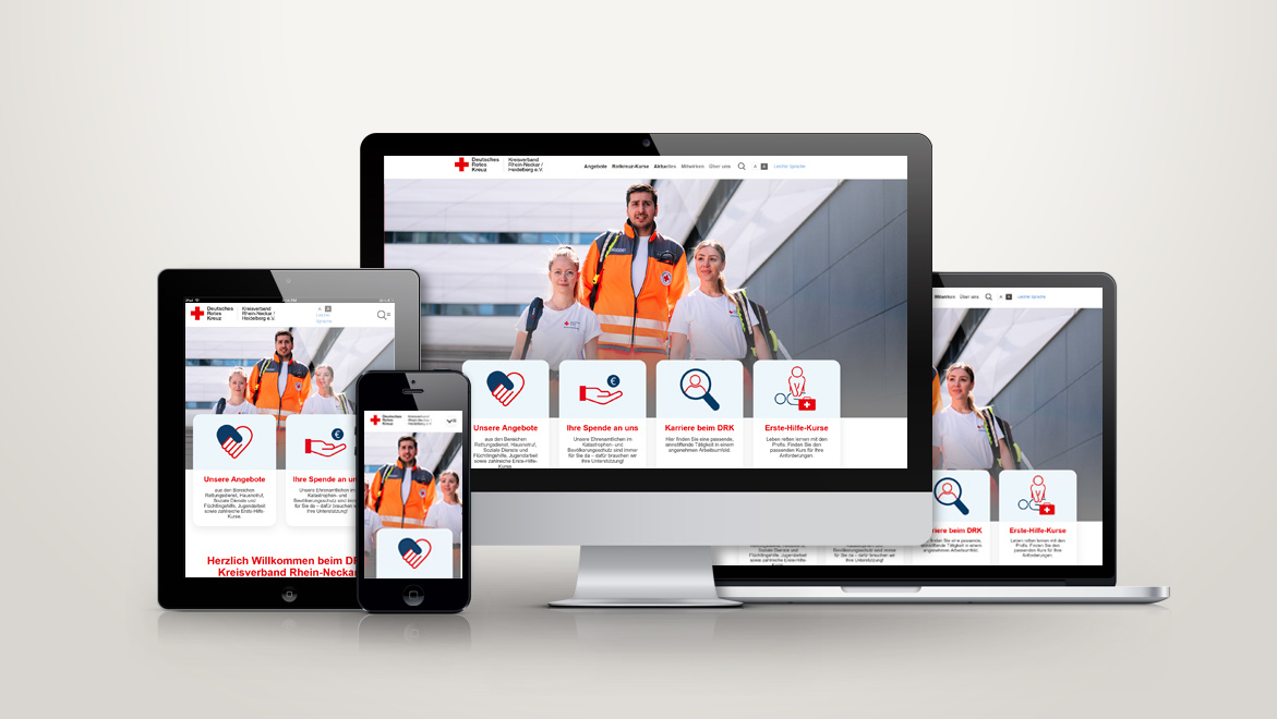 Website des DRK Kreisverbandes Rhein-Neckar/Heidelberg e. V. auf verschiedenen Geräten wie PC, Laptop, Tablet und Smartphone.