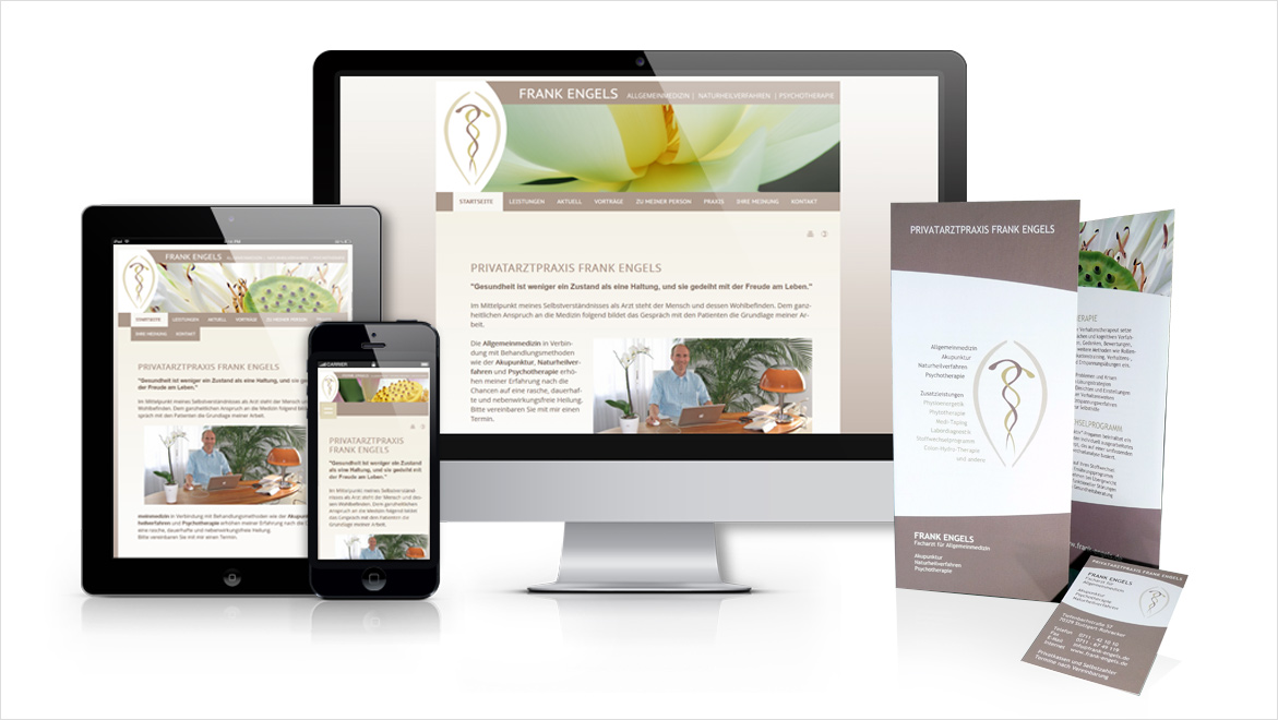 Responsive Website auf verschiedenen Geräten, Flyer und Visitenkarten Privatarztpraxis Frank Engels