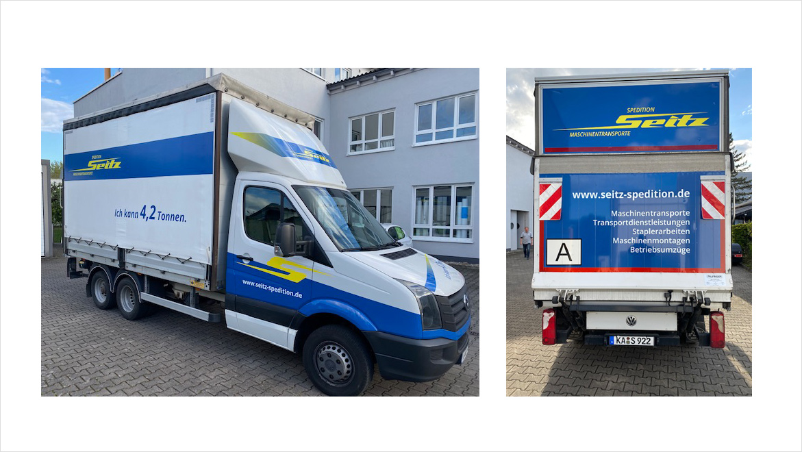 Fahrzeugbeschriftung Crafter der Firma Seitz Maschinentransporte + Spedition