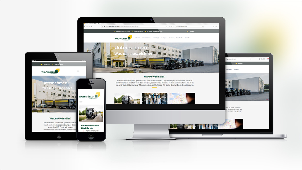 Responsive Website der Wolfmüller Firmengruppe Die Website der Firma Wolfmüller auf verschiedenen Geräte wie PC, Laptopb, Tablet und Smartphonen