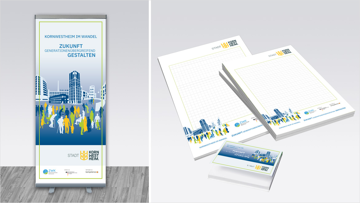 Roll-Up, Notizblöcke und Haftnotizen zum Projekt "Zukunftswerksatt Kommunen"